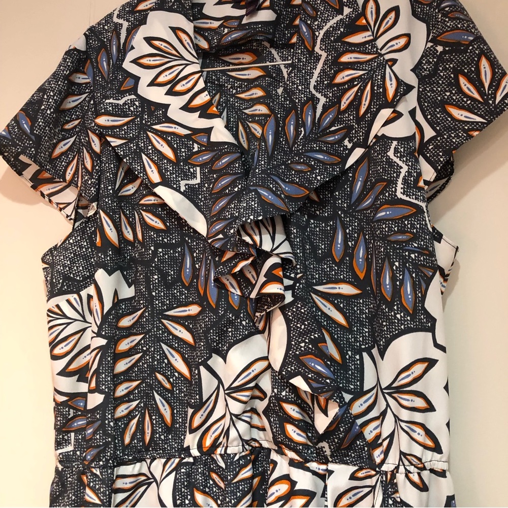 Women's Ruffled Leaf-Print Dress in Black and White with Orange Accents